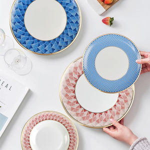 Juego de Platos y Tazones de Cerámica Geométrica Azul de Lujo con Borde Dorado, Vajilla Moderna de Porcelana para el Hogar, Bodas y Cenas Elegantes - Product Image 2