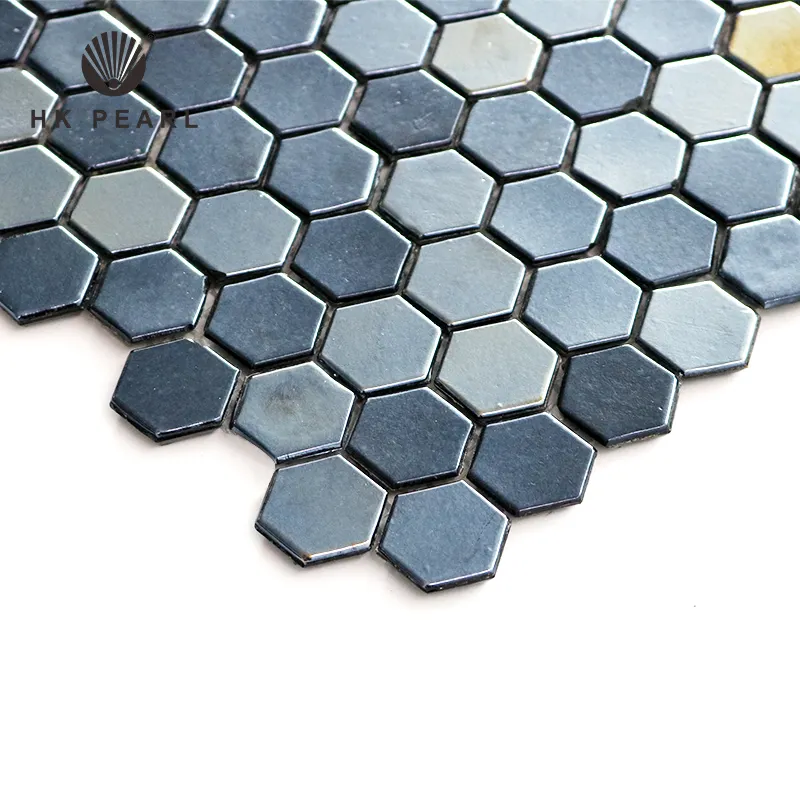 Mosaico de vidrio para pared de cocina, azulejo de vidrio negro con relieve hexagonal iridiscente, mosaico de vidrio contra salpicaduras, Rom