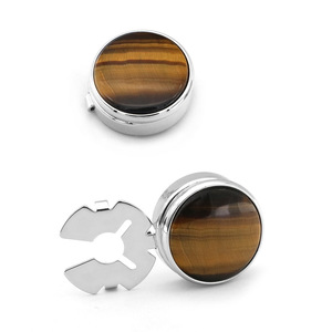 Manufacturer Wholesale Fashionable Classic Design Men's Round <b>Brown</b> Marble Cat's Eye Stone Cufflinks Shirt Decorative Buttons - Product Image 1