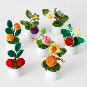 Handmade Mini Potted Knitting Flowers Lovely Sunflower Fruits and vegetables Crochet Home Office Car Decoration Crochet Flowers