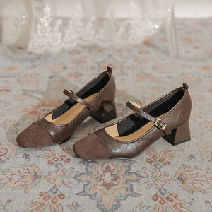 Zapatos de Tacón Alto para Mujer, de Cuero Genuino Marrón, Estilo Mary Jane, Punta Cuadrada, Tacón de Bloque, Correa con Hebilla, Cómodos para Todas las Temporadas - Product Image 1