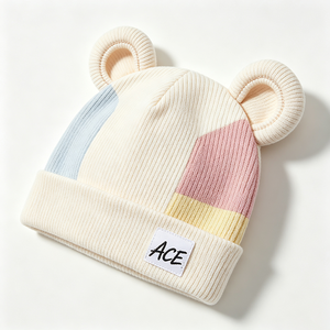 Lindo Gorro de Punto para Bebé con Orejas de Oso, Diseño de Bloques de Color, Acanalado, Suave y Elástico, 100% Acrílico, Marca ACE, Primavera, Otoño, Viajes - Product Image 2