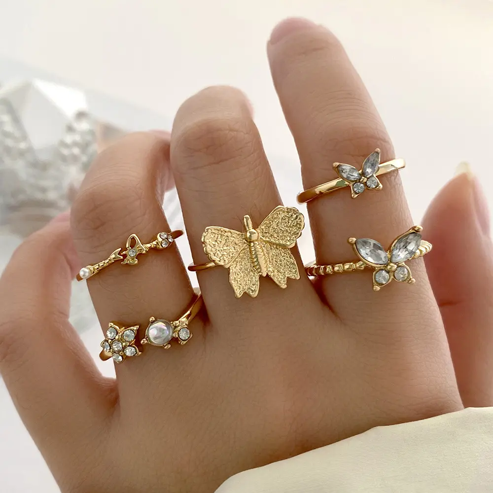 ชุดแหวนคลุมเข่าสนับมือสไตล์โบฮีเมียนสำหรับผู้หญิง,แหวนเงินวินเทจสีทองกลวงแหวนนิ้วโป้งแฟชั่น