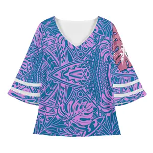 Tropicla Polynesian 꽃 디자인 숙녀 블라우스 넥타이 염료 보라색 배트 윙 탑스 소녀 특대 V 넥 벨 슬리브 쉬폰 셔츠