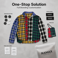 Kemeja Flanel Patchwork RAMAX Multi Warna Kotak-kotak Distressed Raw Hem Grunge Y2K Streetwear Pria Oversized Grosir