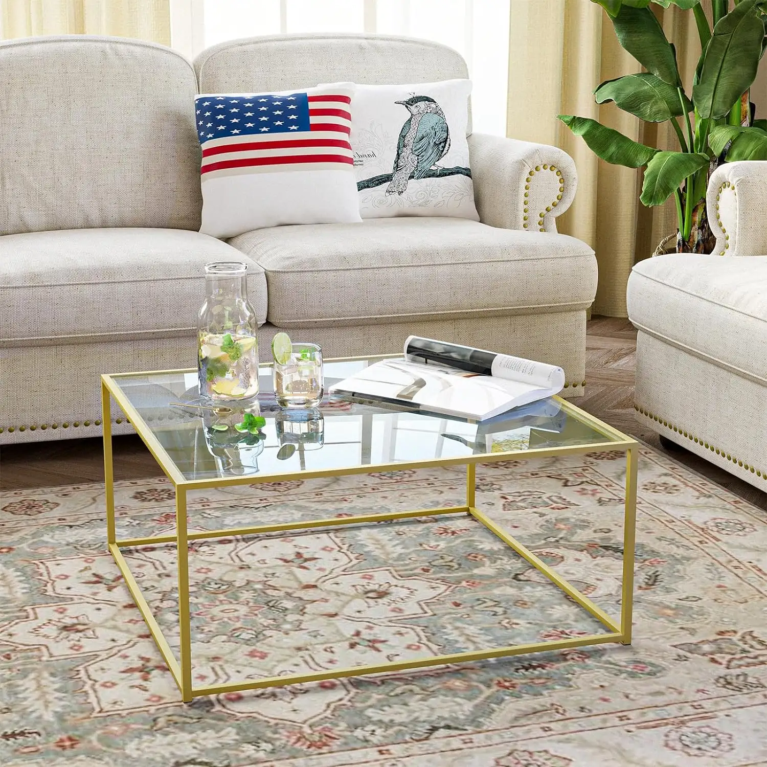 Glass Coffee Table Modern Golden Square Center Table for Living Room