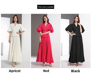 Estivo <span class=keywords><strong>elegante</strong></span> <span class=keywords><strong>tunica</strong></span> con scollo a V sottile per abito Midi plissettato a fascia per <span class=keywords><strong>donna</strong></span> Casual manica a lanterna stile impero abito in pizzo sostenibile - Product Image 2