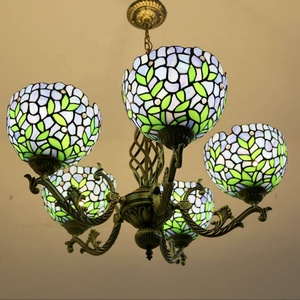 LongHuiJing Vintage Tiffany Style Stained Glass Dome <b>Chandelier</b> 6 <b>Lights</b> Wisteria Stained Glass Carved Pendant Lamp - Product Image 5