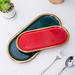 Luxe Golden Edge Ovale Ceram Sushi Dessert <span class=keywords><strong>Assiette</strong></span> Restaurant Coloré Rouge Vert Noël Dîner Plats De Service Ensemble De Plateau En Marbre - Product Image 4