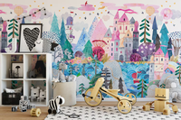 Papier peint mural Château de conte de fées enchanté, décoration murale forêt magique et fantaisie pour chambre de filles, chambre de princesse, crèche, salle de jeux