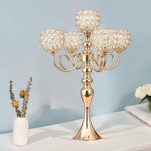 Centrotavola per Matrimonio, Candelabro Dorato a 5 Bracci con Cristalli, <span class=keywords><strong>Portacandele</strong></span> con Perline di Cristallo - Product Image 1