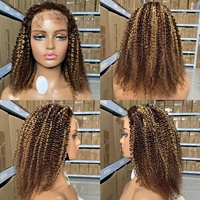 Perruque Afro Bouclée Kinky avec Mèches Ombrées, Dentelle Transparente 5x5, Cheveux Humains P4/27, Perruque Frontale Bouclée Sans Colle