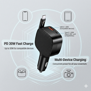 Chargeur de voiture 3 en 1 à charge rapide 30W PD avec câble rétractable de 70 cm, adaptateur QC 4.0 25W, chargeur multifonctionnel, vente en gros - Product Image 3