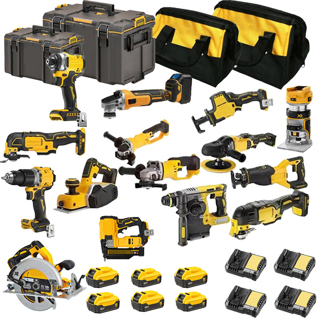 Professional 20V Brushless Cordless Power Tools Combo Kit with Impact Wrench Angle Grinder Heavy Duty Tool Set for Construction