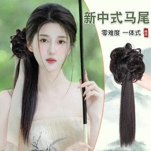 Nueva peluca Hanfu de estilo chino con cola de caballo y cabello liso para mujer, de una pieza, fácil de usar. - Product Image 1