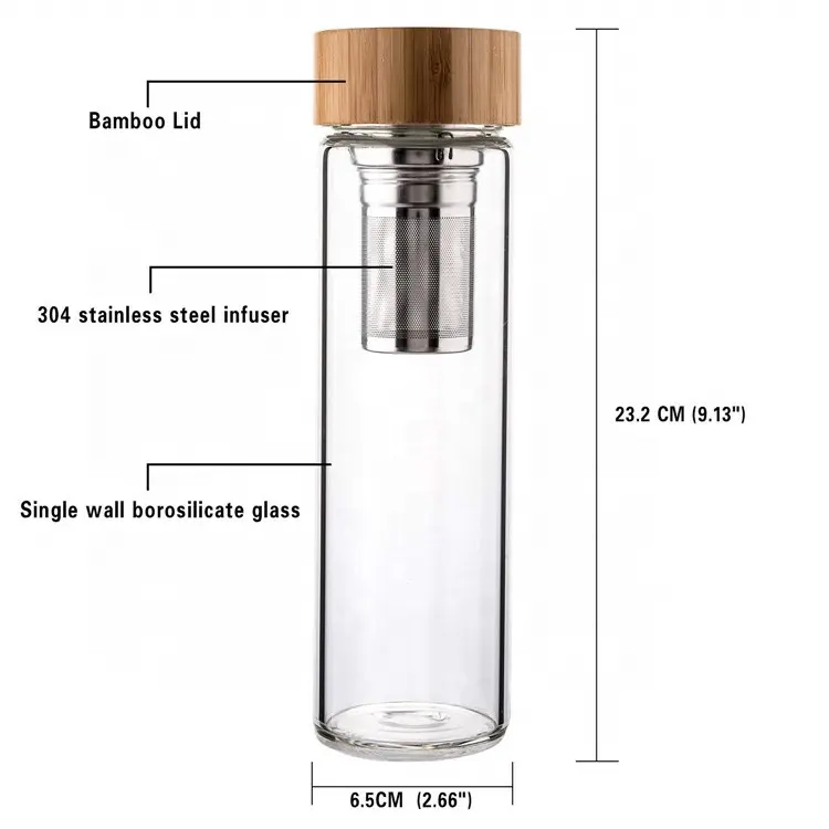 Botella de agua de vidrio con aislamiento de borosilicato, vaso portátil de doble pared de 15 OZ con tapa de bambú e Infusor de filtro de té y fruta