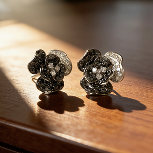 Xinfly Luxury Fashion 18K Real Gold White <b>Black</b> Natural Diamonds Flower <b>Earrings</b> <b>Stud</b> Au750 Fine Jewelry for Women - Product Image 1