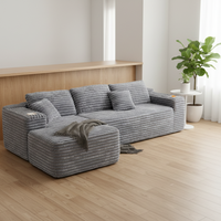 Canapé d'angle modulaire en velours côtelé gris moderne en forme de L, trois places, avec emballage sous vide, idéal pour appartement et hôtel, livré en boîte