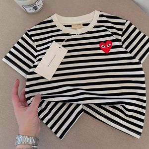 Children's Striped Short Sleeve T-Shirt Cotton Jersey Heart Patch Summer Style Gray Beige Pattern Boys T-Shirt - Product Image 1