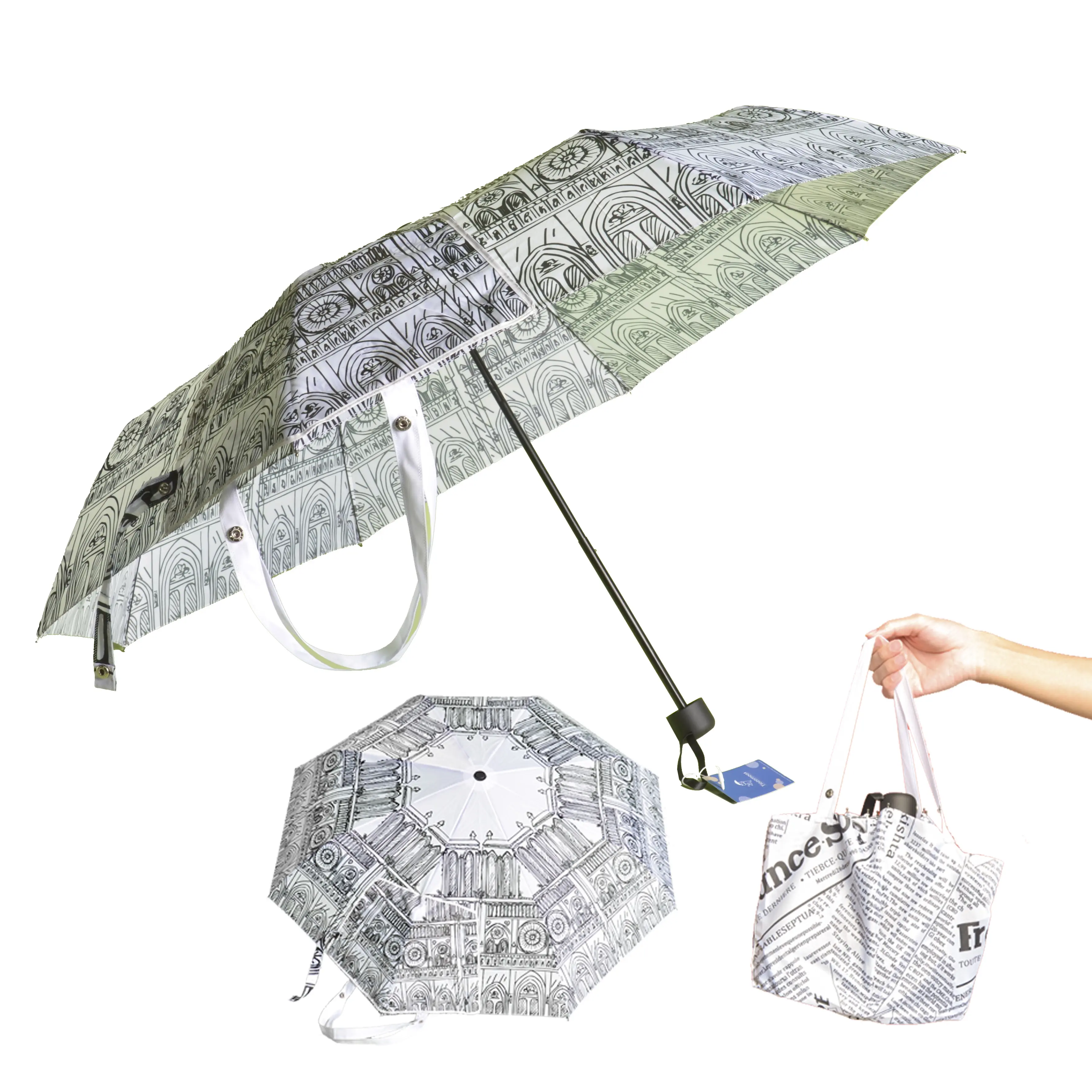 Custom Hand bag Design Umbrella Digital Printing 3 Folding Paraguas Portable Travel Promotional Umbrella For Car