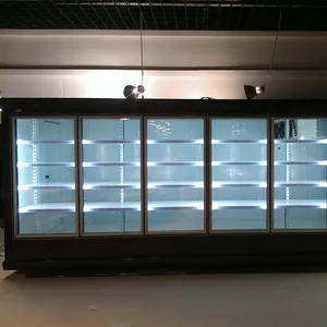 走进超市的冷却器玻璃门售货机冰柜