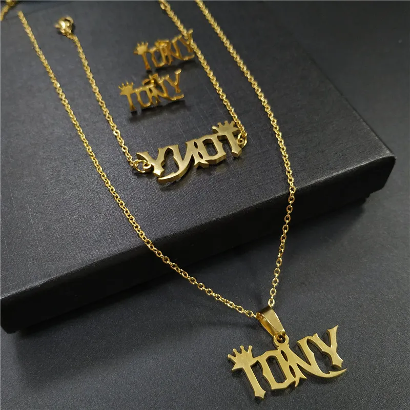 14k gold plated custom name jewelry set stainless steel diy font customized letter earring bracelet necklace jewellery women men
