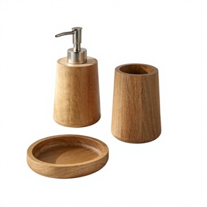 Natural <b>Wooden</b> <b>Bathroom</b> Set With Matching Soap Holder Toothbrush Cup Tissue Box And Storage <b>Accessories</b> - Product Image 1
