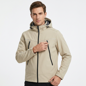 Men's Beige Hooded Windproof Softshell <b>Jacket</b> With Zipper Pockets Autumn Sporty Style Regular Fit Polyester Material - Product Image 1