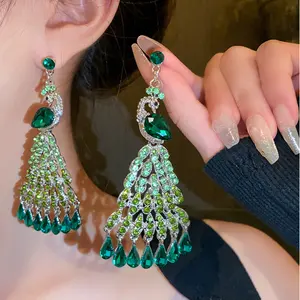 Luxury beautiful big Rhinestone Diamond peacock tassel Earrings Long Green Crystal Drop Earrings for Women Weddings Bride Jewe