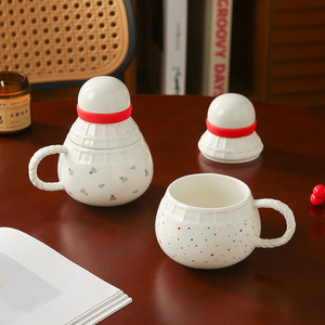 Custom <b>Badminton</b> Shaped Ceramic Mug with Lid and Spoon Creative Sports Style Gift Coffee Cup - Product Image 3