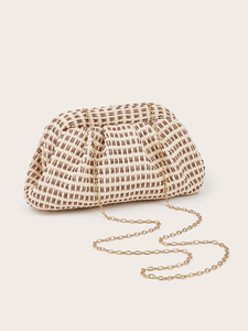 Checkered <b>Straw</b> Woven Cloud Clutch <b>Bag</b> Simple Ruched Vacation Beach Handbag Convertible Chain Crossbody <b>Bag</b> For Women - Product Image 3