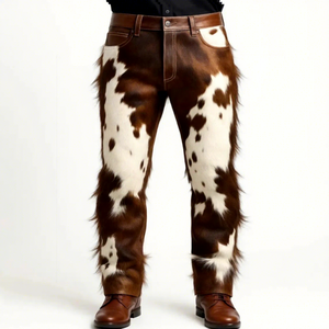 Fashion Circle Industry <b>Men's</b> Brown Cow Hair on <b>Leather</b> Winter Casual Windproof Patchwork Zipper Fly <b>Trousers</b> - Product Image 1