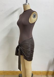 เดรสสั้นรัดรูปคอสูงแขนกุดสำหรับผู้หญิง แต่งระบายด้านหน้าพร้อมเชือกผูก  ชุดเดรสออกงานแฟชั่น - Product Image 4