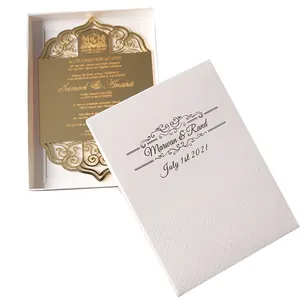 Heetste Ontwerp Gouden Spiegel Acryl Kaart Met Gravure Tekst Luxe Reliëf Doos Custom Acryl Bruiloft Uitnodiging Kaarten
