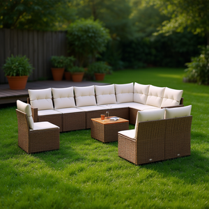 Set Divano da Giardino in Rattan Beige 10+ Posti, Arredamento da Esterno Resistente alle Intemperie, Design Contemporaneo con Struttura in Vimini - Product Image 2