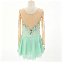 Robe de patinage vert menthe à col rond, manches longues en maille nude, ornée de feuilles en strass, pour enfants et adultes, compétition et performance