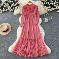 Robe décontractée élégante pour femme WIWT, rouge, à manches longues, coupe trapèze, plissée, avec appliques perlées et ourlet à volants, longueur midi, pour le quotidien
