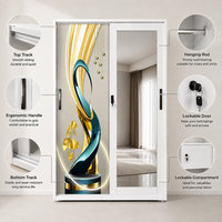 Armoire à vêtements moderne en métal avec porte miroir, panneau imprimé personnalisé, tringle de suspension, étagères et rangement verrouillable en acier