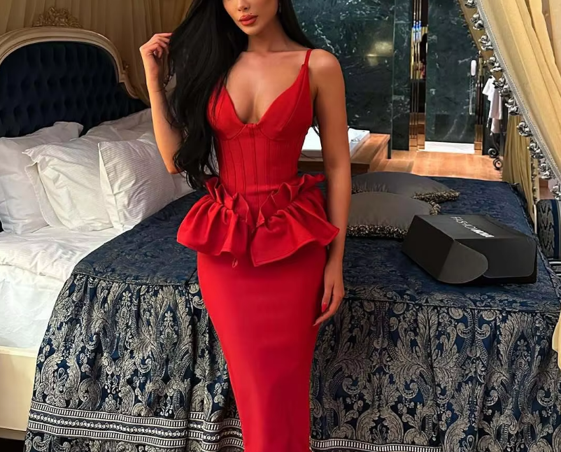 red sparkly backless dress Zapaka Women Red Sparkly Mermaid Backless Long Prom Dress with Fringes Spaghetti Straps Party Dress with Slit, Red / US16 main image 0