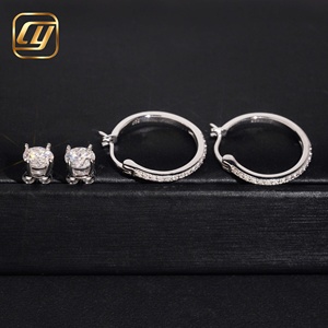 Ensemble de 2 paires de boucles d'oreilles en argent sterling S925 avec moissanite, clous solitaires ronds et boucles d'oreilles créoles demi-pavées, bijoux en diamant VVS - Product Image 5
