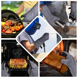Gants en cuir noirs résistants à la chaleur extrême de 16 pouces pour barbecue, feu de cheminée, camping et extérieur, en aluminium - Product Image 6