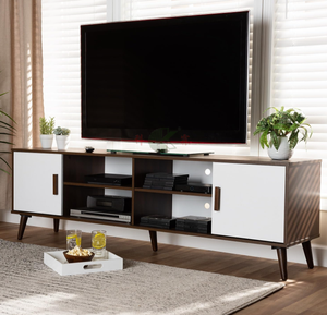 Meuble <span class=keywords><strong>TV</strong></span> moderne en <span class=keywords><strong>bois</strong></span> avec deux portes, blanc et marron - Product Image 2