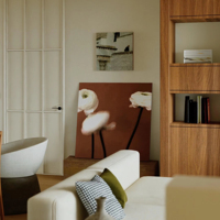 Design d'intérieur Wabi Sabi pour salon avec ameublement doux, conception résidentielle personnalisée pour maison de vacances et villa