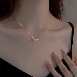 Collar de Perlas de Agua Dulce Naturales de Doble Intensidad de Luz para Mujer, Cadena de Clavícula de Plata 925 con Forma Casi Perfectamente Redonda - Product Image 1