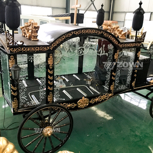 Cercueil funéraire antique européen à chevaux, noir, avec ornements dorés, cabine vitrée, chariot de transport de cercueil - Product Image 6