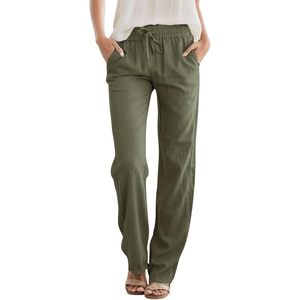 Pantalon décontracté en lin pour femme, taille haute, coupe ample avec cordon de serrage, poches latérales, respirant, style droit, idéal pour l'été - Product Image 1
