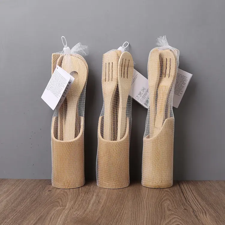 Conjunto de utensílios de bambu orgânico natural, utensílios de bambu sem petroquímicos