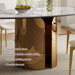 Ensemble <span class=keywords><strong>de</strong></span> table à manger moderne en pierre frittée dorée crème <span class=keywords><strong>blanche</strong></span> <span class=keywords><strong>de</strong></span> forme octogonale avec 6 chaises, pieds en métal imperméables et écologiques pour hôtel - Product Image 4