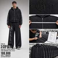 Ensemble survêtement homme personnalisé avec sweat à capuche zippé et pantalon de jogging, broderie vieillie, style streetwear oversize, deux pièces, fournisseur