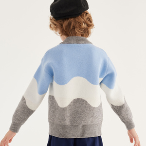 เสื้อสเวตเตอร์เด็กชายลายคลื่นสีฟ้าขาวเทา - เสื้อสเวตเตอร์ถักเด็กแขนยาวคอกลม เสื้อสเวตเตอร์เด็กสไตล์ลำลองสำหรับฤดูใบไม้ร่วง - Product Image 3